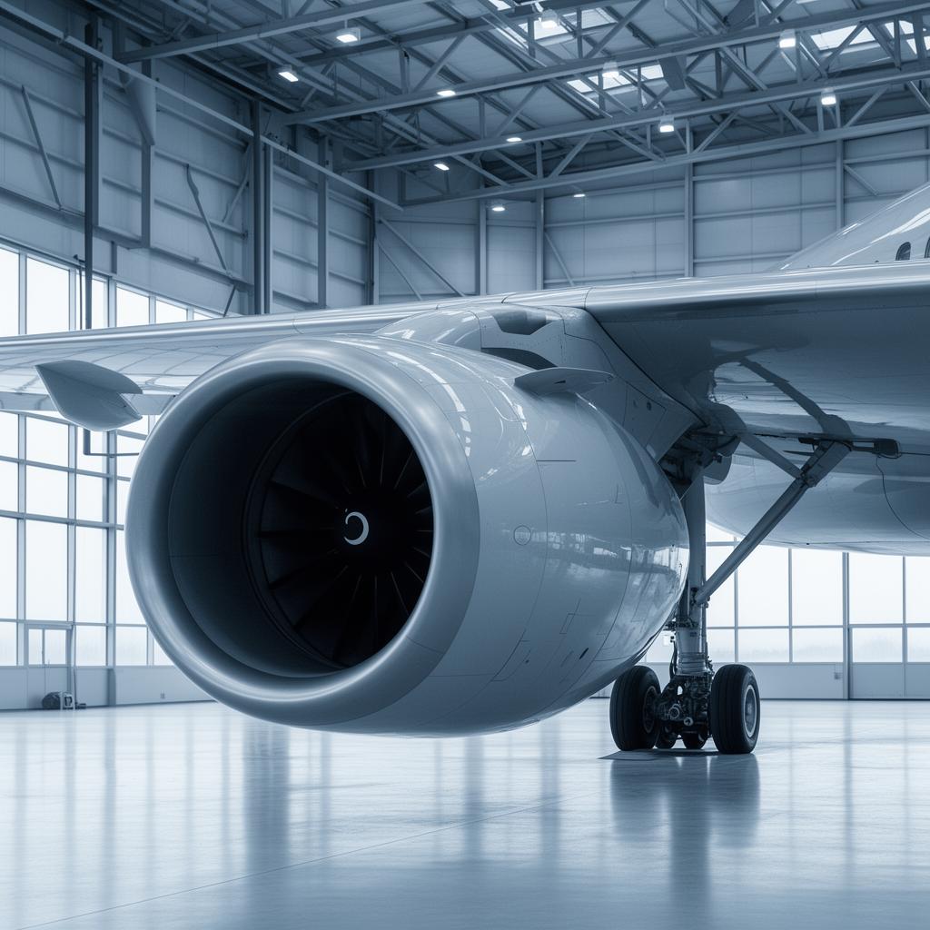 Precision jet engine in an aircraft hangar