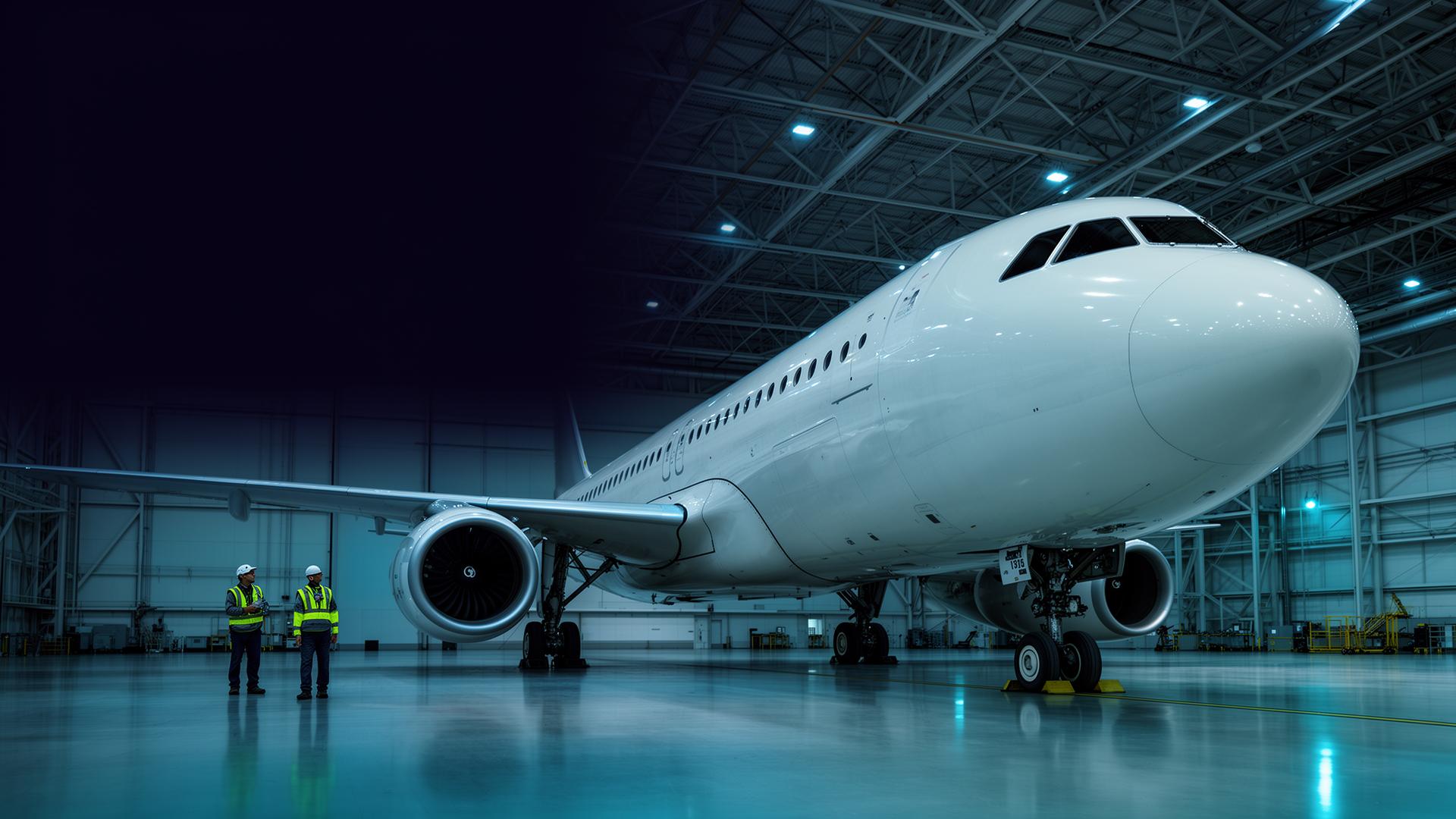 Commercial aircraft and aerospace specialists in a modern hangar